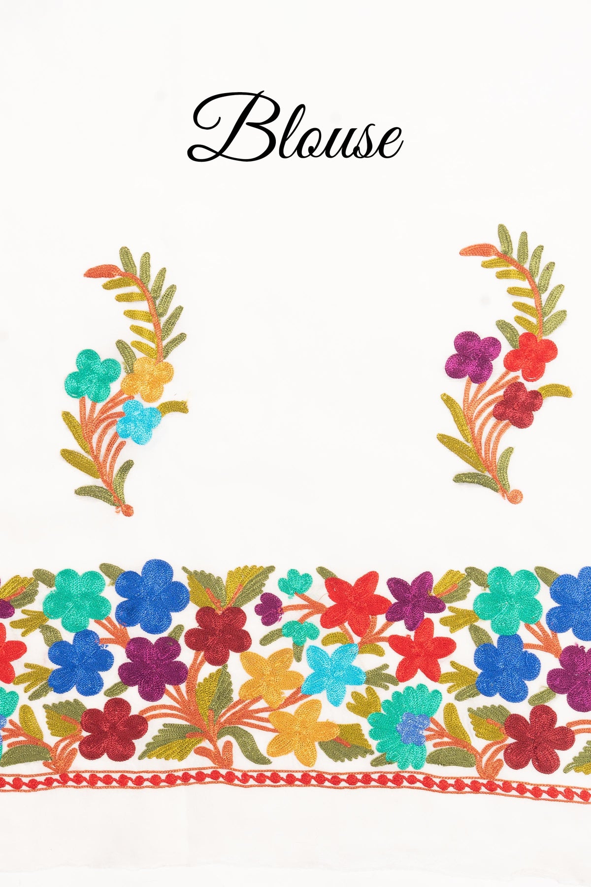 White blouse fabric labelled Blouse, with two colourful Aari floral sprigs above a broad flower border