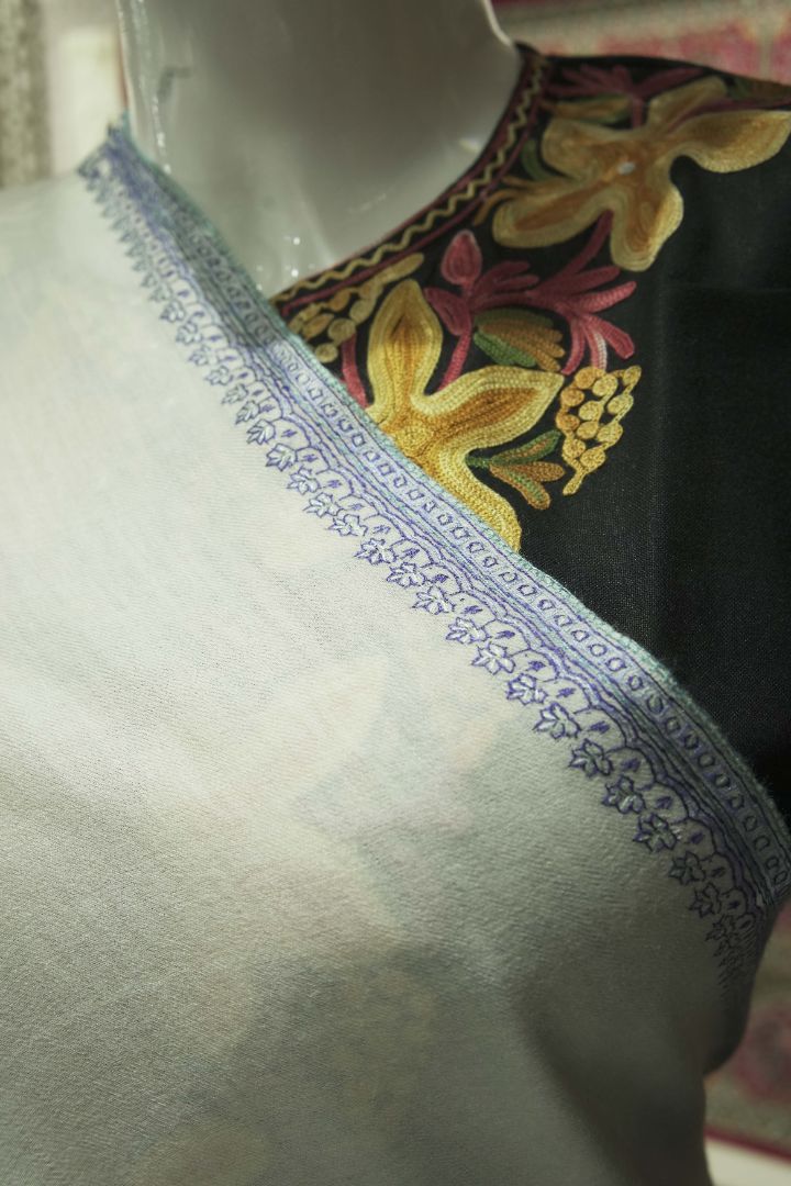 Ivory Blossom: Hand Embroidered Merino Wool Sozni Shawl