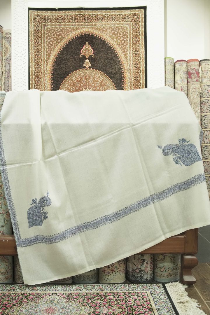 Ivory Blossom: Hand Embroidered Merino Wool Sozni Shawl