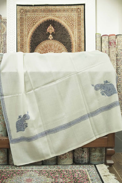 Ivory Blossom: Hand Embroidered Merino Wool Sozni Shawl