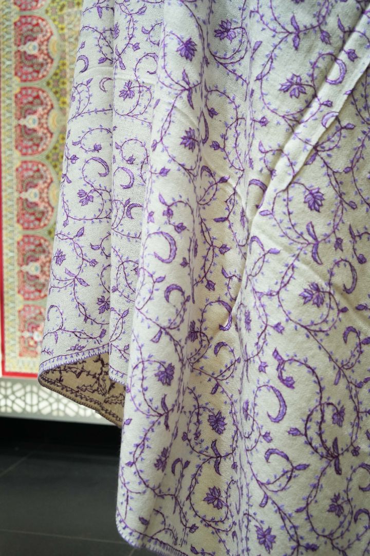 Lavender Dream: Hand Embroidered Merino Wool Sozni Shawl