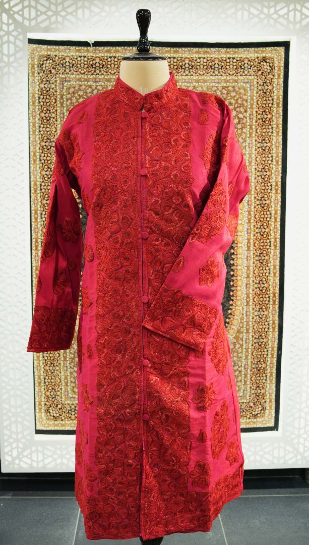 Ruby Elegance: Kashmiri Aari Embroidery Long Jacket