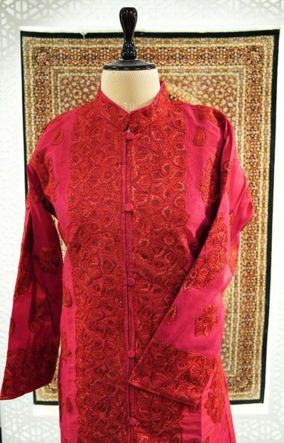 Ruby Elegance: Kashmiri Aari Embroidery Long Jacket