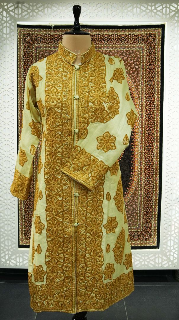 Golden Majesty: Kashmiri Aari Embroidery Long Jacket