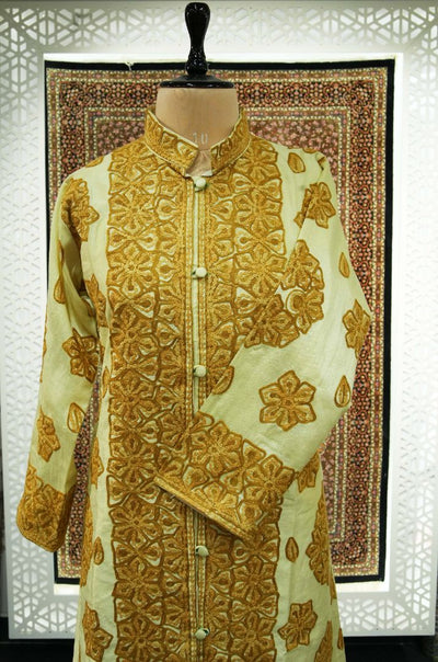 Golden Majesty: Kashmiri Aari Embroidery Long Jacket