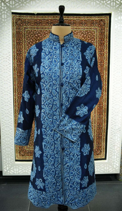 Sapphire Splendor: Kashmiri Aari Embroidery Long Jacket