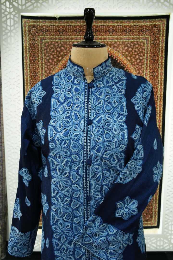 Sapphire Splendor: Kashmiri Aari Embroidery Long Jacket