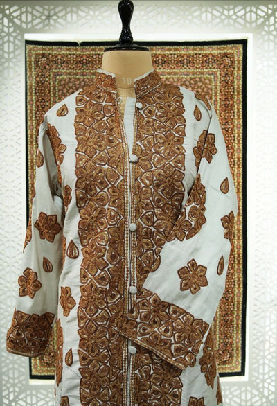 Ivory Opulence: Kashmiri Aari Embroidery Long Jacket