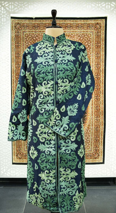 Emerald Flourish: Kashmiri Aari Embroidery Long Jacket