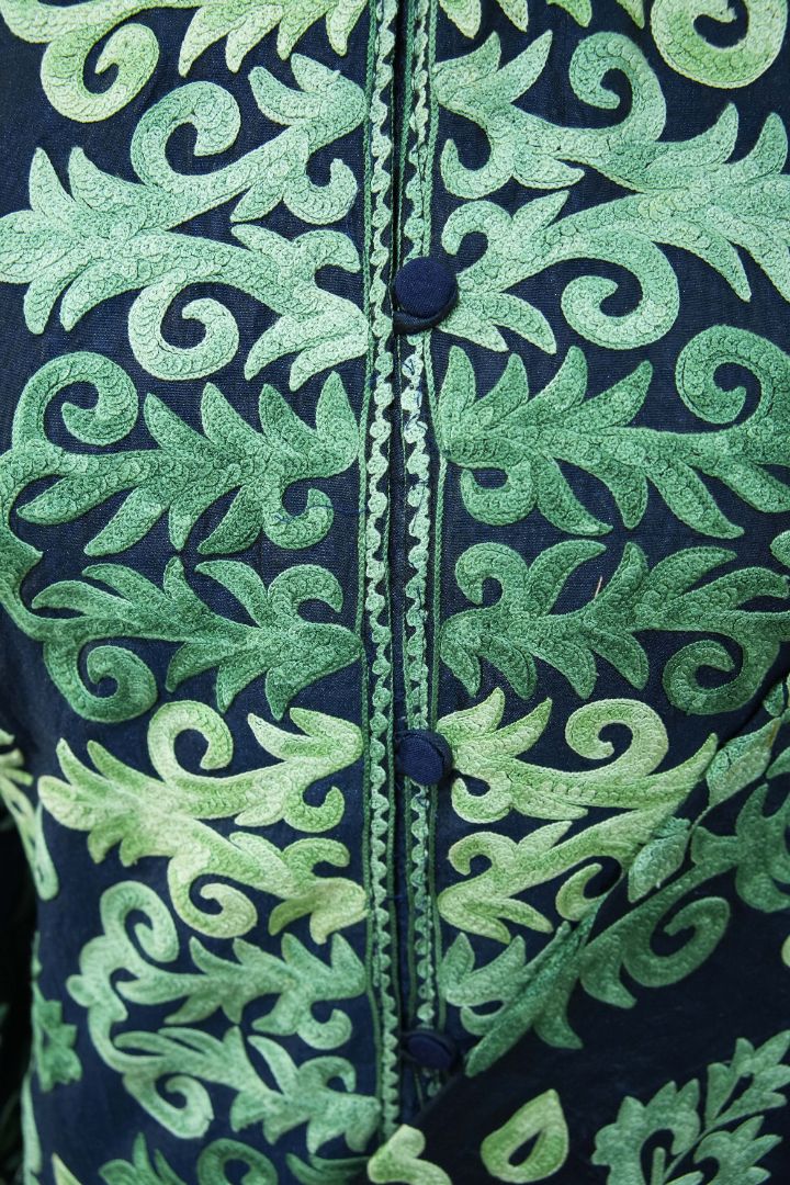 Emerald Flourish: Kashmiri Aari Embroidery Long Jacket