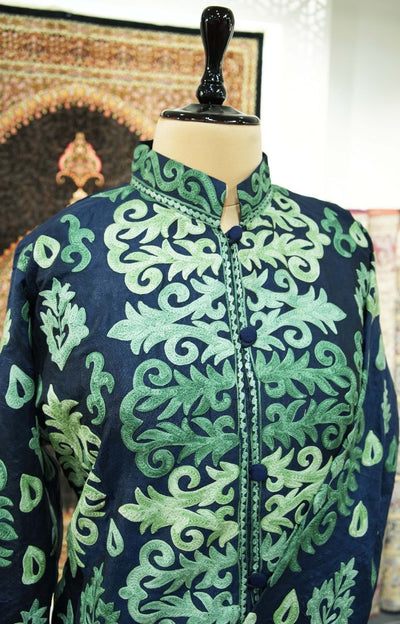 Emerald Flourish: Kashmiri Aari Embroidery Long Jacket