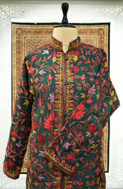 Floral Symphony: Kashmiri Aari Embroidery Long Jacket