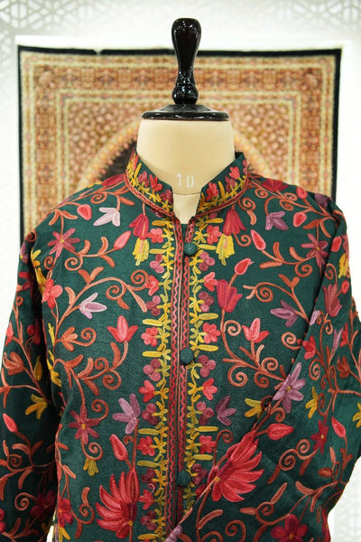 Floral Symphony: Kashmiri Aari Embroidery Long Jacket