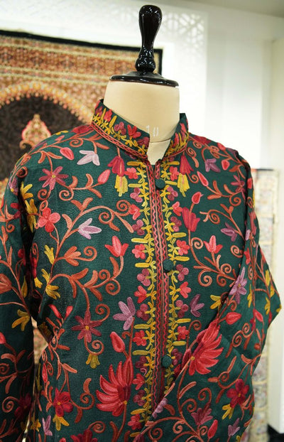 Floral Symphony: Kashmiri Aari Embroidery Long Jacket