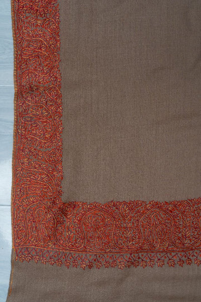 2.5 Yards | Gul-e-Atish — Sozni Hand-Embroidered Border Shawl in Burnished Brown