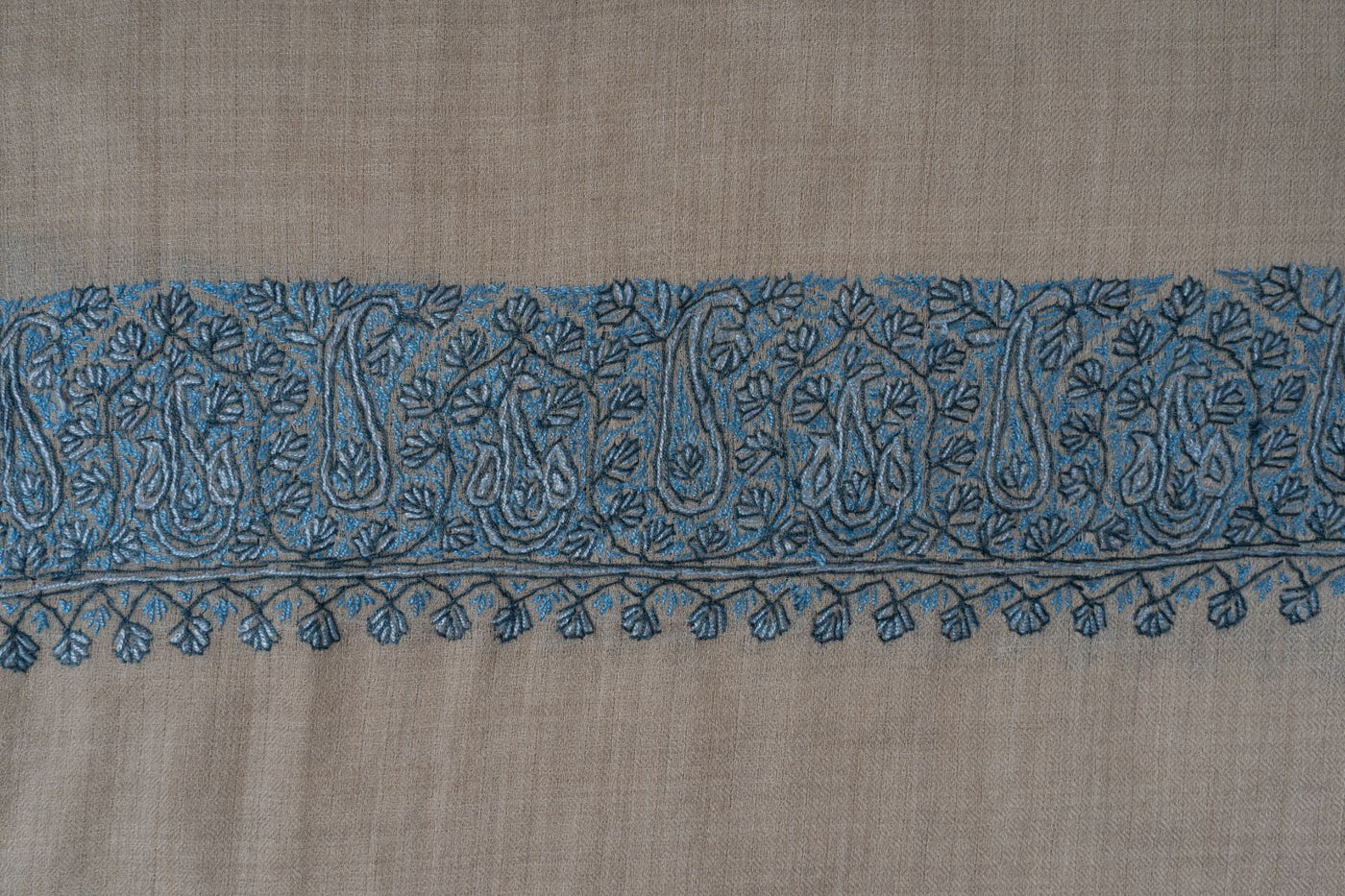 2.5 Yards | Aab-e-Neel — Sozni Hand-Embroidered Border Shawl in Sand & Azure