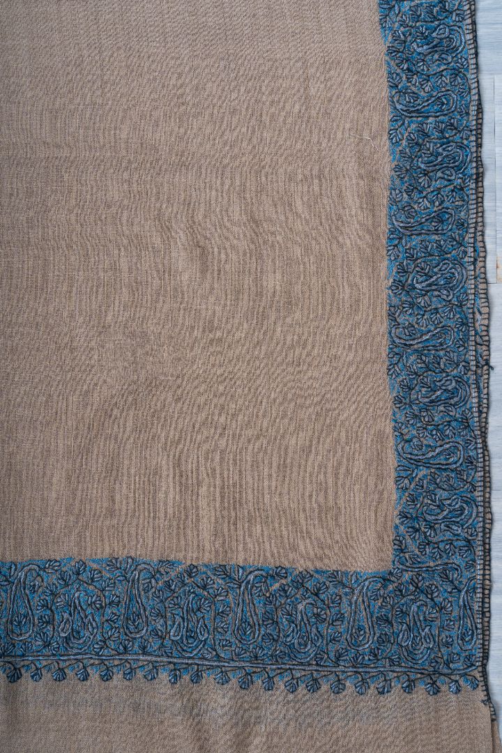 2.5 Yards | Aab-e-Neel — Sozni Hand-Embroidered Border Shawl in Sand & Azure