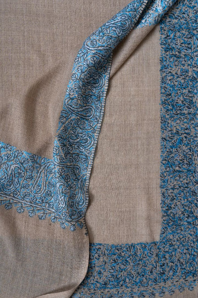 2.5 Yards | Aab-e-Neel — Sozni Hand-Embroidered Border Shawl in Sand & Azure