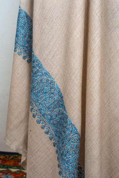 2.5 Yards | Aab-e-Neel — Sozni Hand-Embroidered Border Shawl in Sand & Azure