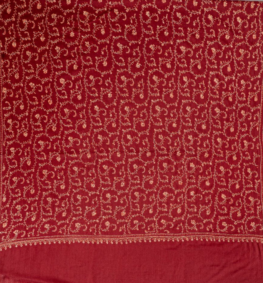 2.5 Yards | Surkh Gulzar — Sozni Jaal Hand-Embroidered Shawl in Deep Crimson & Gold