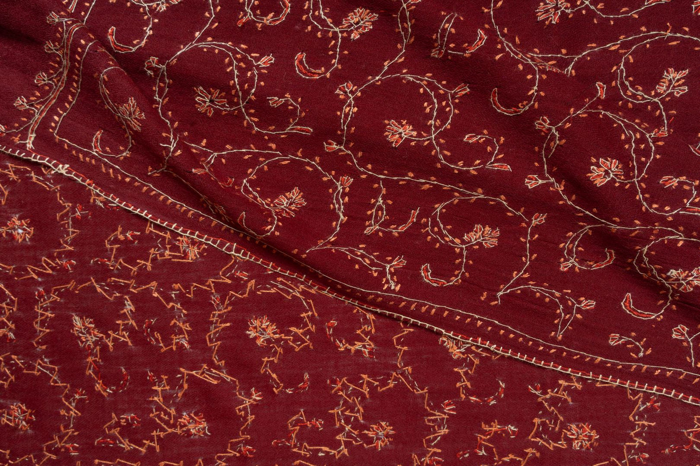 2.5 Yards | Surkh Gulzar — Sozni Jaal Hand-Embroidered Shawl in Deep Crimson & Gold