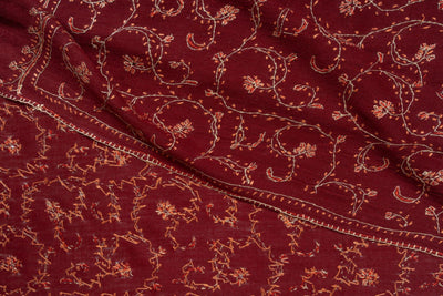 2.5 Yards | Surkh Gulzar — Sozni Jaal Hand-Embroidered Shawl in Deep Crimson & Gold