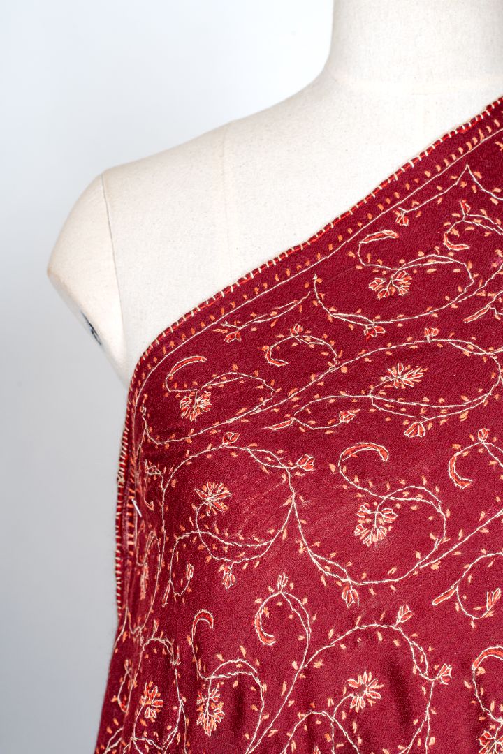 2.5 Yards | Surkh Gulzar — Sozni Jaal Hand-Embroidered Shawl in Deep Crimson & Gold