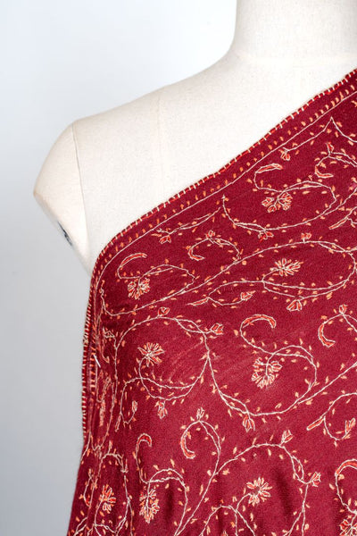 2.5 Yards | Surkh Gulzar — Sozni Jaal Hand-Embroidered Shawl in Deep Crimson & Gold