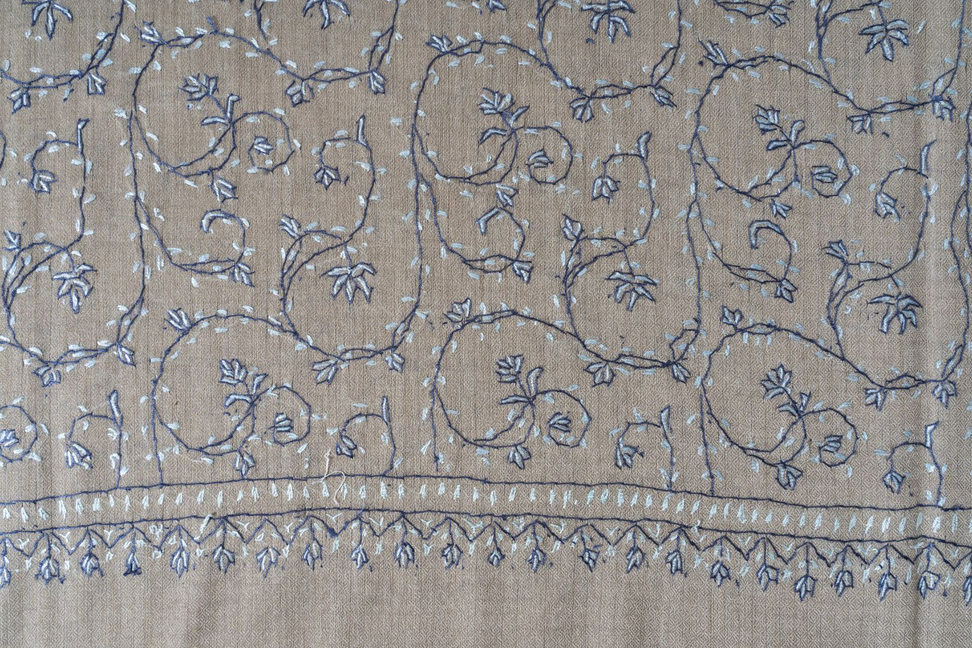 2.5 Yards | Aabroo-e-Neela — Sozni Hand-Embroidered Shawl in Taupe with Blue & White Vines