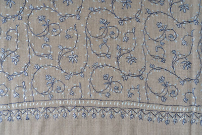 2.5 Yards | Aabroo-e-Neela — Sozni Hand-Embroidered Shawl in Taupe with Blue & White Vines