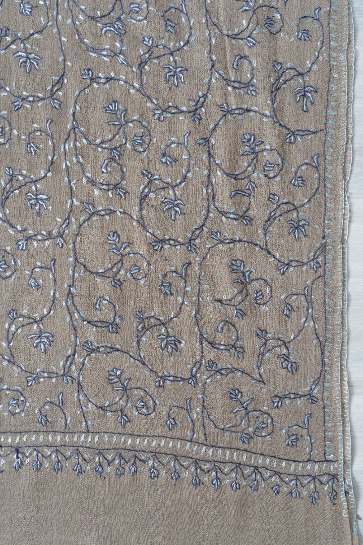 2.5 Yards | Aabroo-e-Neela — Sozni Hand-Embroidered Shawl in Taupe with Blue & White Vines