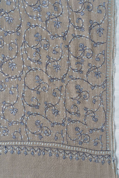 2.5 Yards | Aabroo-e-Neela — Sozni Hand-Embroidered Shawl in Taupe with Blue & White Vines
