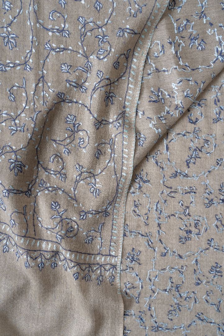 2.5 Yards | Aabroo-e-Neela — Sozni Hand-Embroidered Shawl in Taupe with Blue & White Vines
