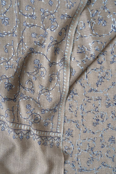 2.5 Yards | Aabroo-e-Neela — Sozni Hand-Embroidered Shawl in Taupe with Blue & White Vines