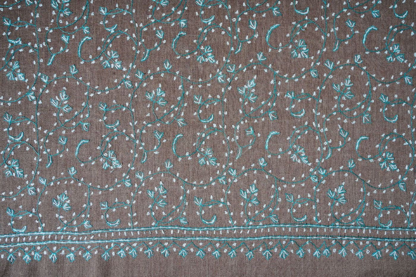 2.5 Yards | Subh-e-Feroza — Sozni Hand-Embroidered Shawl in Cocoa Brown with Teal & Ivory Vines