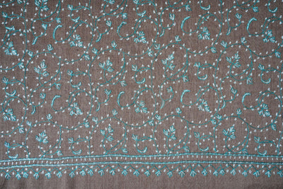 2.5 Yards | Subh-e-Feroza — Sozni Hand-Embroidered Shawl in Cocoa Brown with Teal & Ivory Vines