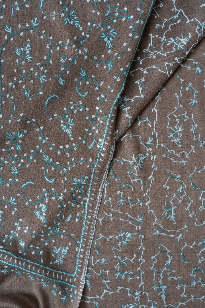 2.5 Yards | Subh-e-Feroza — Sozni Hand-Embroidered Shawl in Cocoa Brown with Teal & Ivory Vines