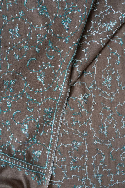 2.5 Yards | Subh-e-Feroza — Sozni Hand-Embroidered Shawl in Cocoa Brown with Teal & Ivory Vines