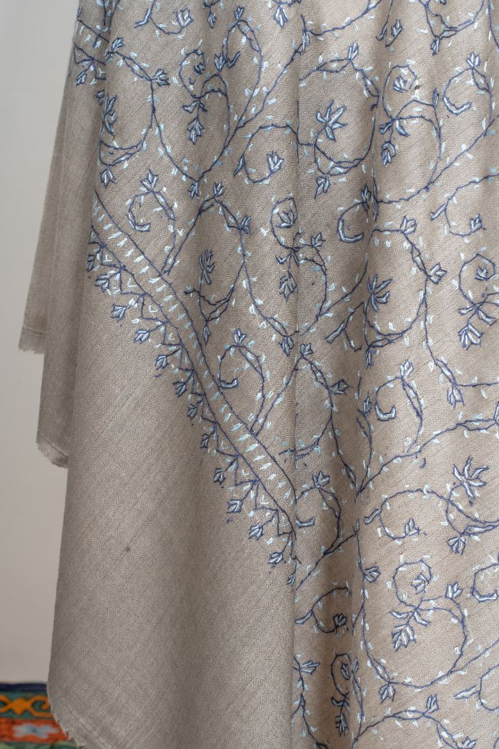 2.5 Yards | Aabroo-e-Neela — Sozni Hand-Embroidered Shawl in Taupe with Blue & White Vines