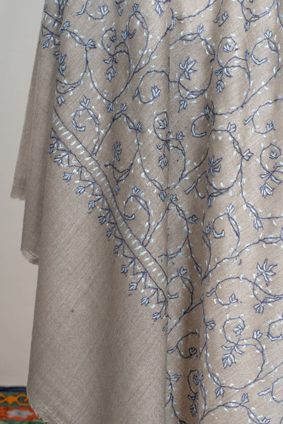 2.5 Yards | Aabroo-e-Neela — Sozni Hand-Embroidered Shawl in Taupe with Blue & White Vines