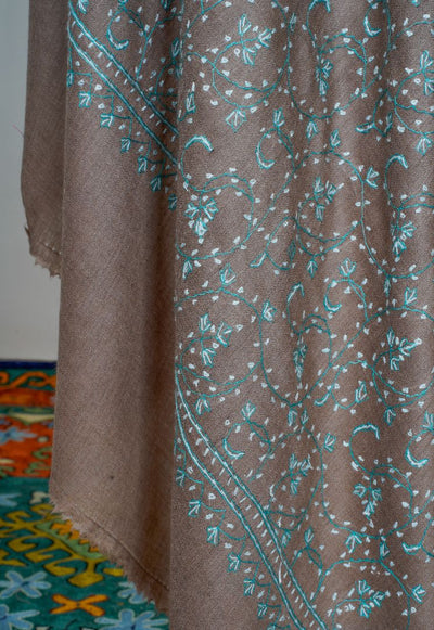 2.5 Yards | Subh-e-Feroza — Sozni Hand-Embroidered Shawl in Cocoa Brown with Teal & Ivory Vines