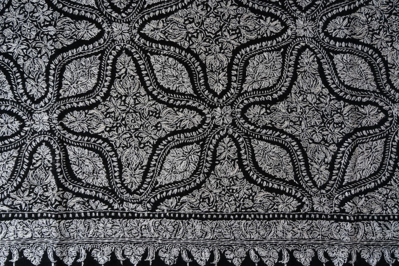2.5 Yards | Siyah Jamawar — Sozni Hand-Embroidered Shawl in Monochrome Elegance
