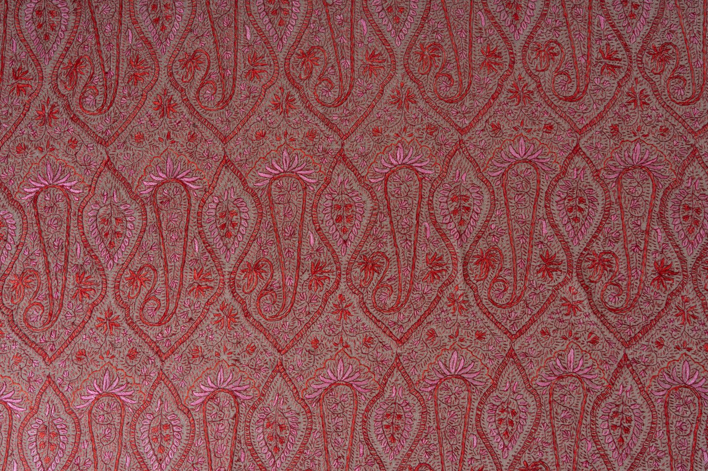 2.5 Yards | Gulnaar-e-Banafsha — Sozni Hand-Embroidered Jamawar Shawl in Beige with Red & Rose Hues
