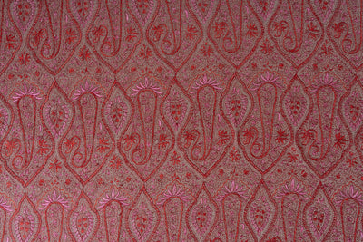 2.5 Yards | Gulnaar-e-Banafsha — Sozni Hand-Embroidered Jamawar Shawl in Beige with Red & Rose Hues