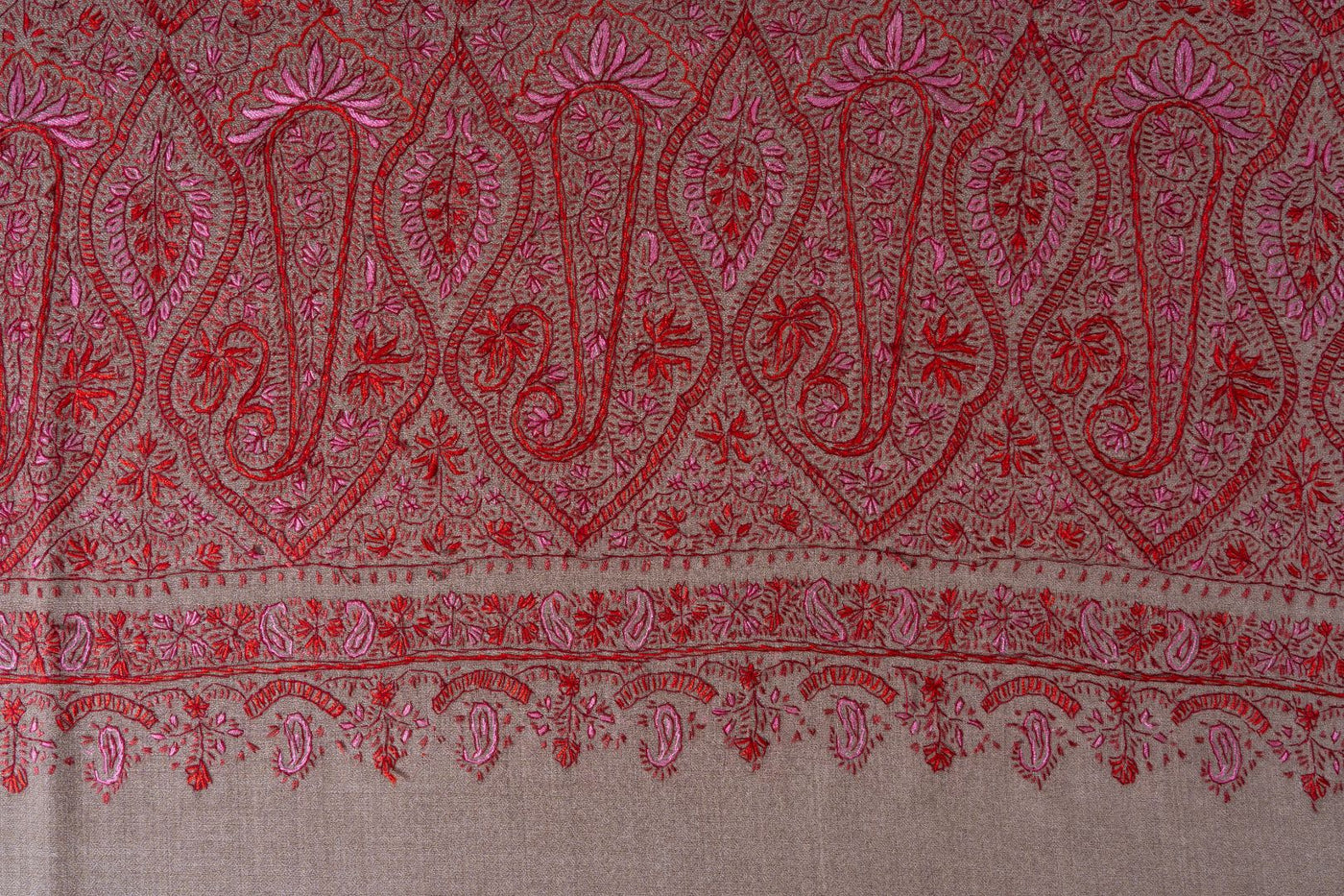 2.5 Yards | Gulnaar-e-Banafsha — Sozni Hand-Embroidered Jamawar Shawl in Beige with Red & Rose Hues