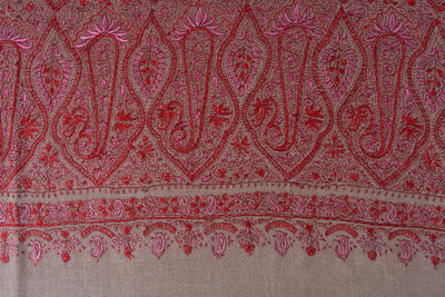 2.5 Yards | Gulnaar-e-Banafsha — Sozni Hand-Embroidered Jamawar Shawl in Beige with Red & Rose Hues