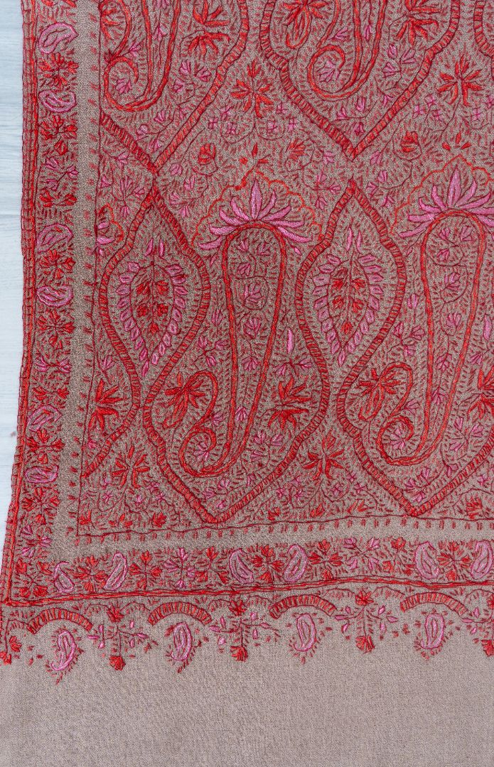 2.5 Yards | Gulnaar-e-Banafsha — Sozni Hand-Embroidered Jamawar Shawl in Beige with Red & Rose Hues