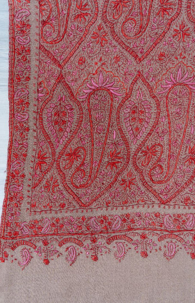 2.5 Yards | Gulnaar-e-Banafsha — Sozni Hand-Embroidered Jamawar Shawl in Beige with Red & Rose Hues