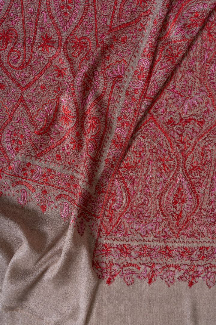 2.5 Yards | Gulnaar-e-Banafsha — Sozni Hand-Embroidered Jamawar Shawl in Beige with Red & Rose Hues