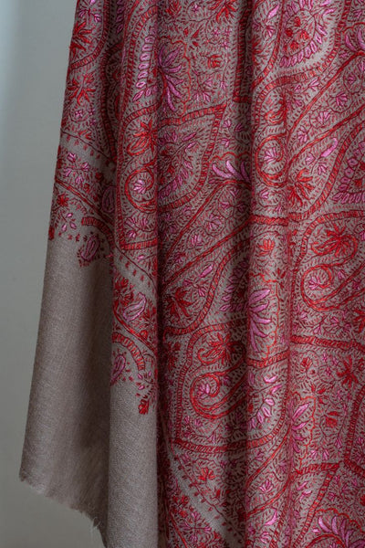 2.5 Yards | Gulnaar-e-Banafsha — Sozni Hand-Embroidered Jamawar Shawl in Beige with Red & Rose Hues
